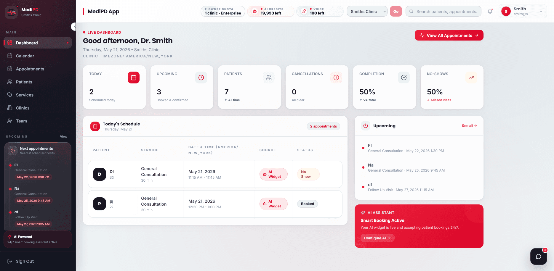MediPD clinic dashboard showing appointment metrics, today's schedule, upcoming bookings, and AI assistant status.